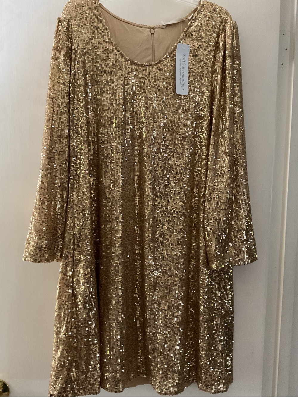 Soft Surroundings Gold Sequin Long-Sleeve Shift Dress NWT